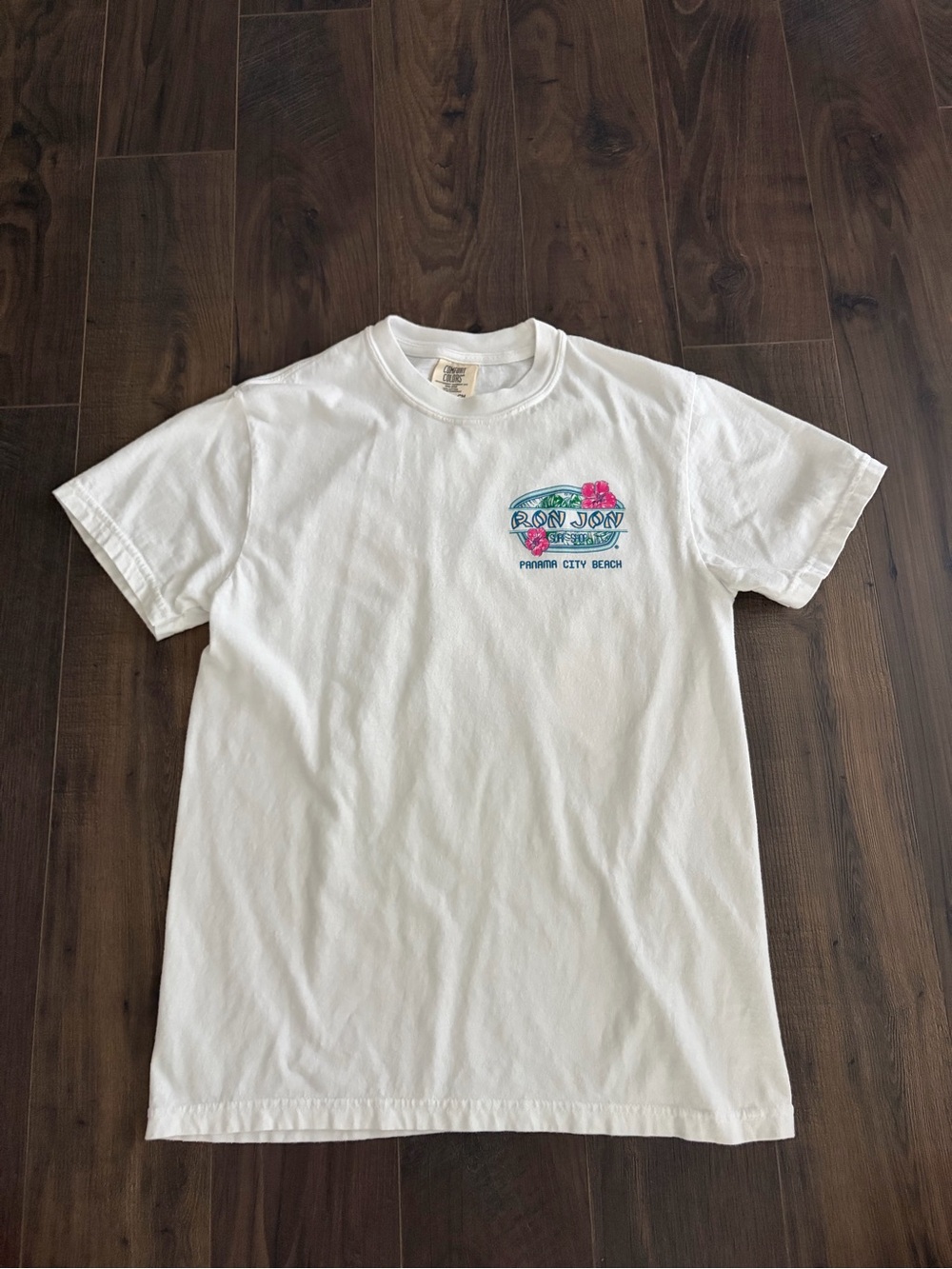 Ron Jon White Short Sleeve Tee with Turquoise & Pink Logo